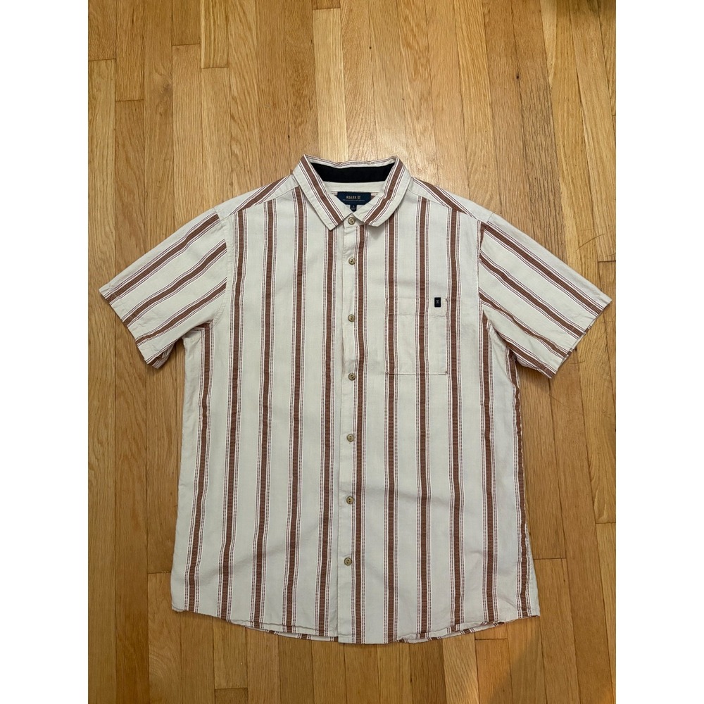 Roark Journey Organic Cotton Striped Camp Shirt Large Beige Brown
